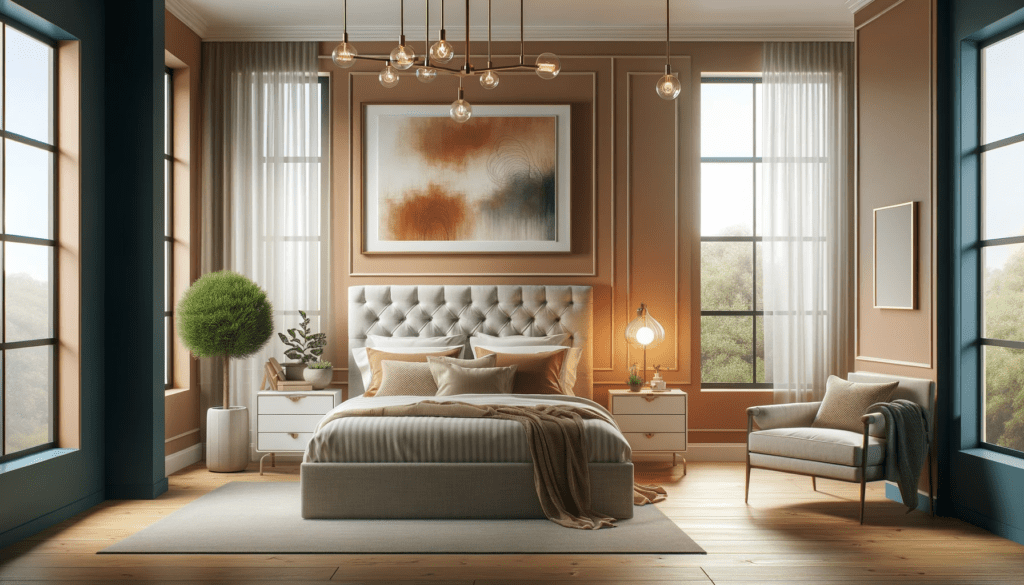 A light-toned warm interior painting in a bedroom