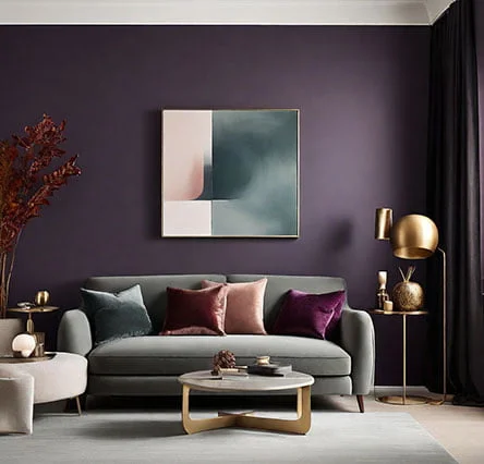 Painting Services in Toronto: Living room with purple walls. Best Wallpaper design by Paint Mastery