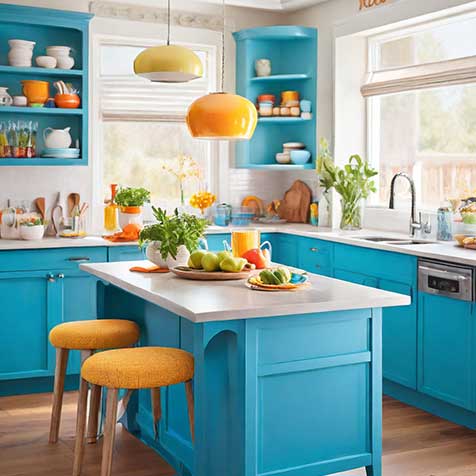 Paint Mastery's kitchen featuring blue cabinets with yellow stools painted by the premier painters in Toronto